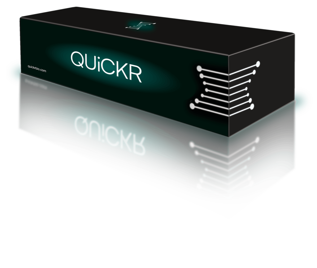 3D render of the QUiCKR product box, a black box with the QUiCKR name on gradient styling that matches the website